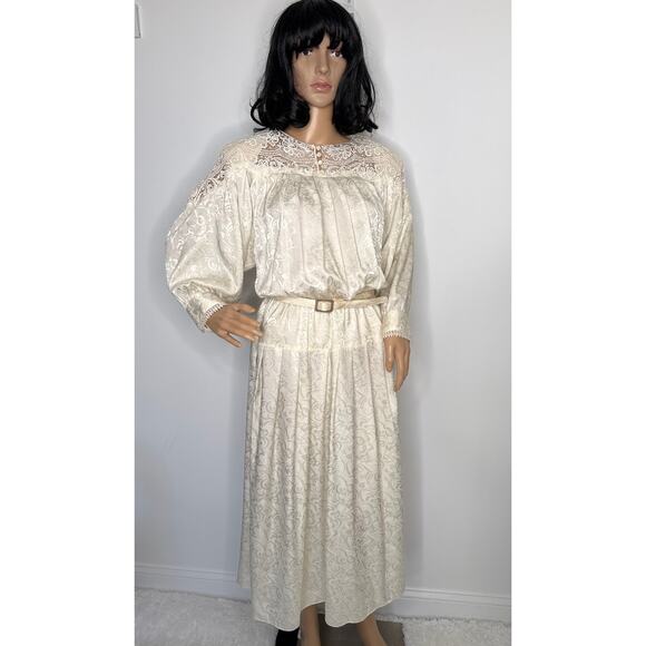 Vintage E.D. Michaels Cream Jacquard Prairie Dress Crochet Lace 80s USA medium - Picture 5 of 13